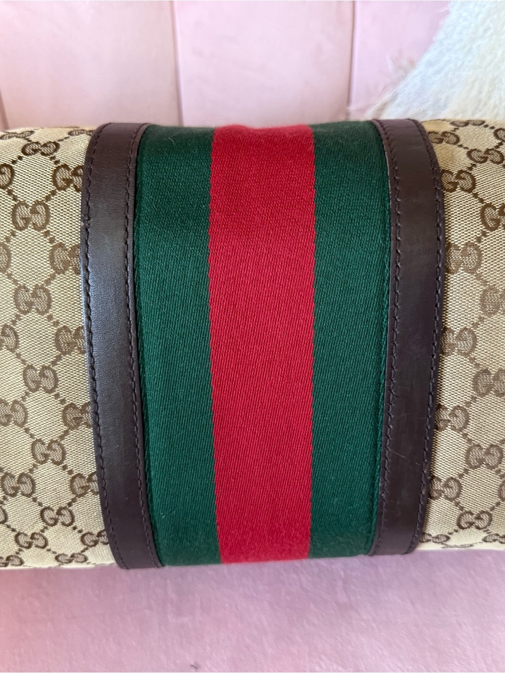 💯Auth! GUCCI Mono Canvas Boston Bag Green & Red Web Sherry Stripe Gold Hardware - Picture 7 of 17